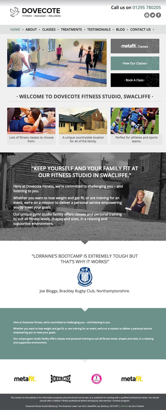 Website design for Dovecote Fitness, Oxfordshire